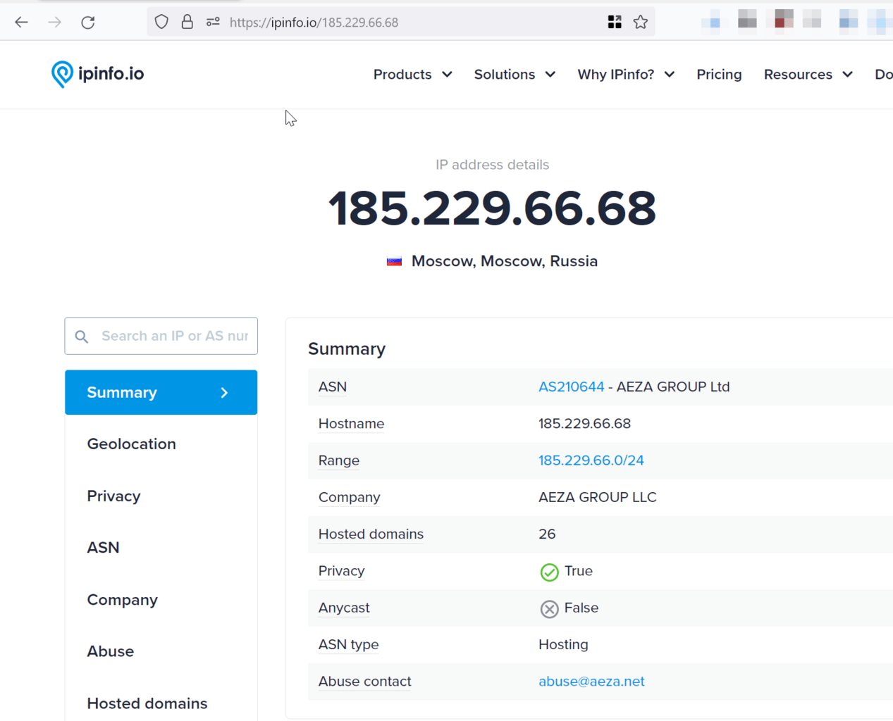 The IP address belongs to a VM at a Russian hosting provider.